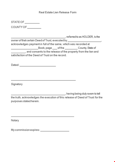 real estate lien release form - trust release and state requirements template