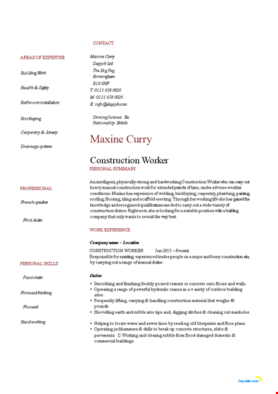 construction worker work resume template