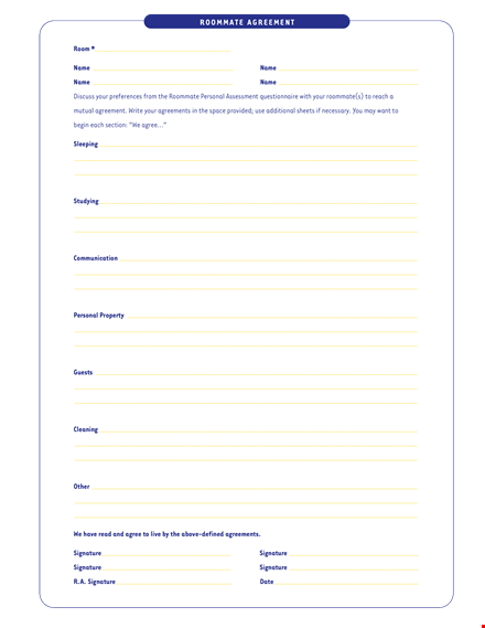 sign a personal roommate agreement template - roommate signature template