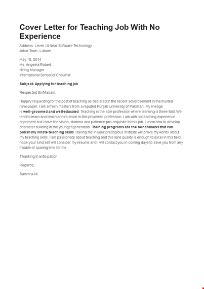 teacher without experience job application letter template