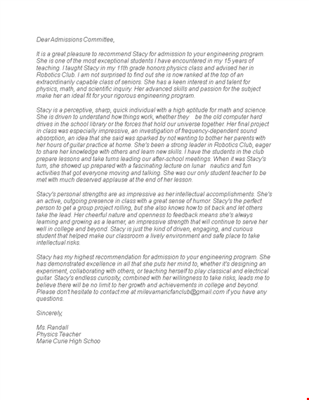 stacy's recommendation letter template for physics engineering class program template