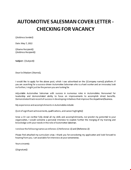 automotive salesman application letter template