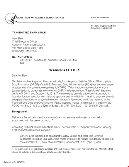 sample safety warning letter | effective statements | juxtapid template