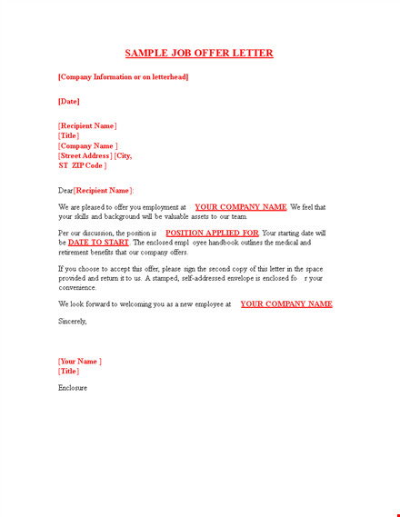 formal employment offer letter format | customize for your company template
