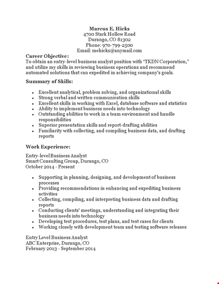 entry level business analyst resume - key business skills for success template