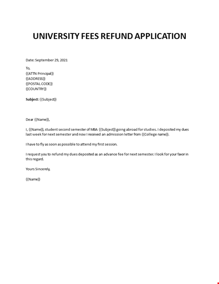 university fees refund application template