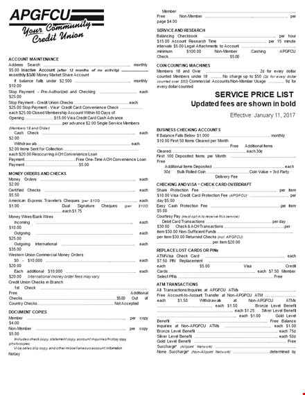 service price list - account check level | apgfcu template