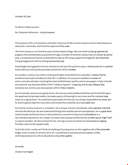 personal character reference letter for jeremy swanson | years of experience template