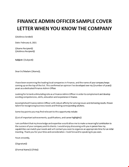finance admin officer cover letter template