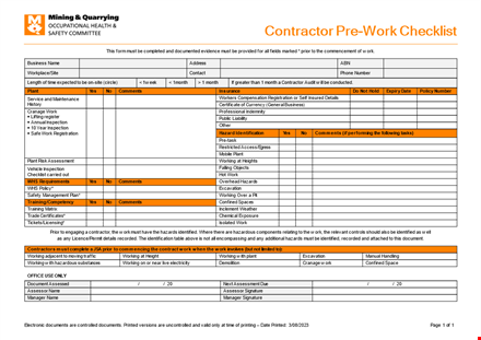 contractor pre work checklist template