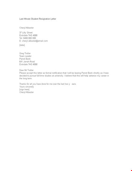 last minute student resignation letter template