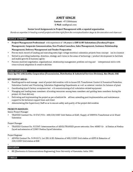 sample project manager resume - effective management of substation projects template