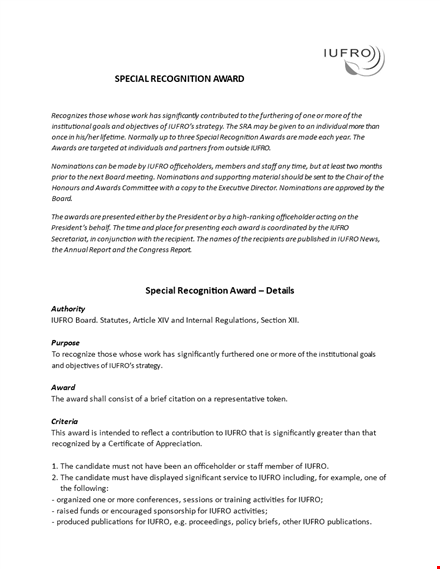 special recognition award template - customize for president's awards and nominations | iufro awards template