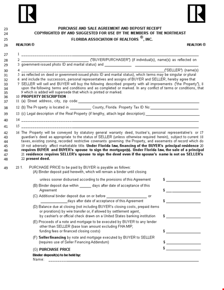 purchase agreement | property seller & buyer | closing deposit template