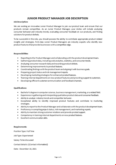 junior product manager job description  template