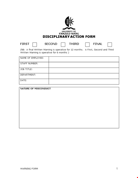 employee disciplinary action form | warning & final action template