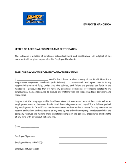 employee handbook acknowledgement letter template