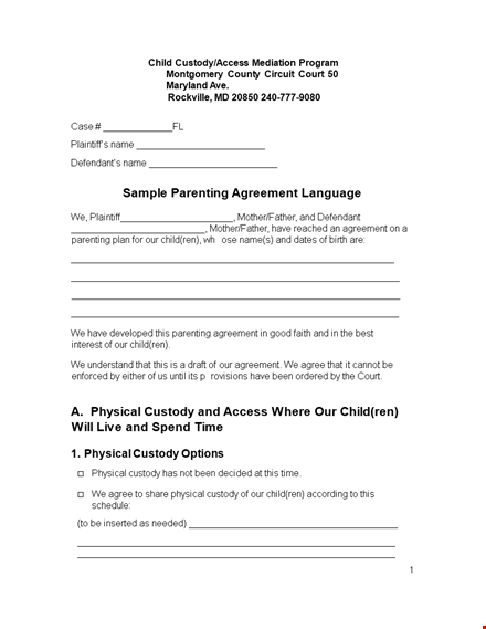 simple parenting agreement template template