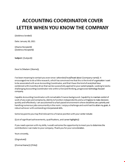 accounting coordinator cover letter template