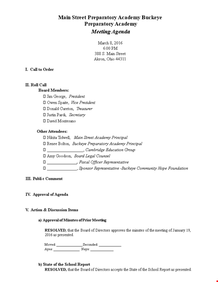 formal board meeting agenda template template