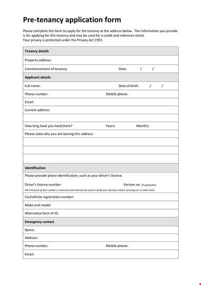 pre tenancy application form template