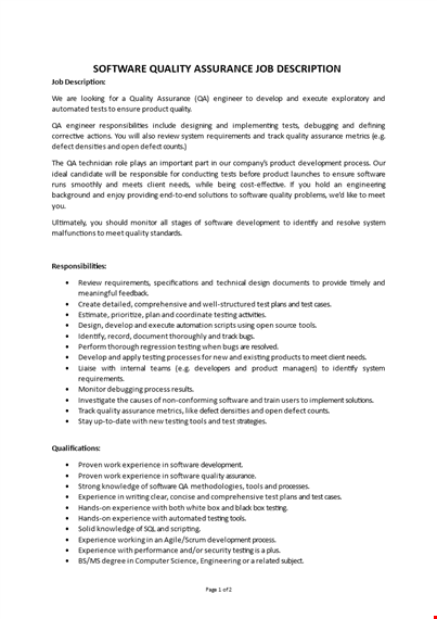 software quality assurance job description  template