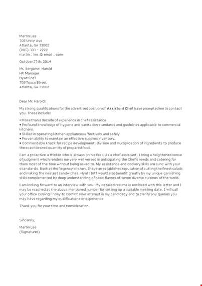job application letter for assistant chef template