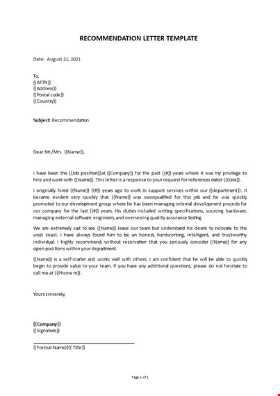 recommendation letter template template