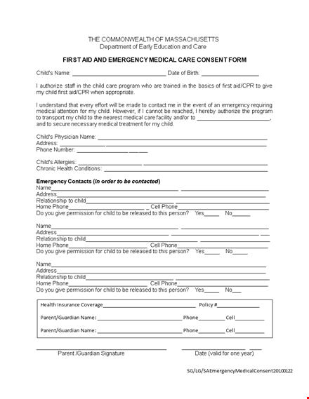 first aid medical consent form template template