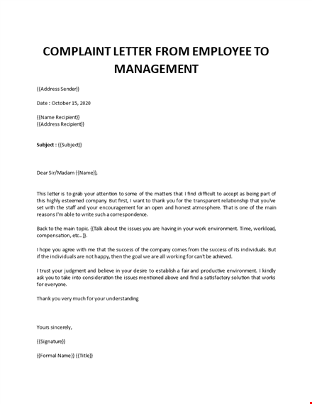 complaint letter from employee to management template