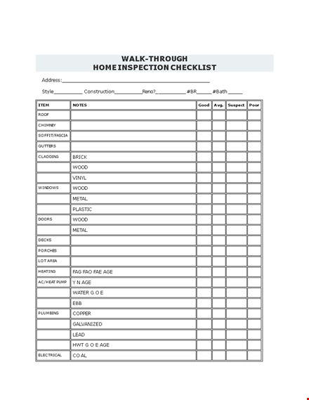 complete home inspection checklist - ensure all fixtures are covered template