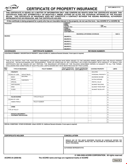 certificate of property insurance template