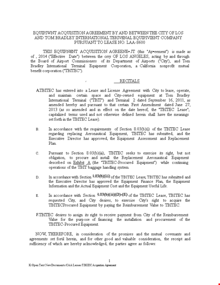 equipment acquistion agreement template template