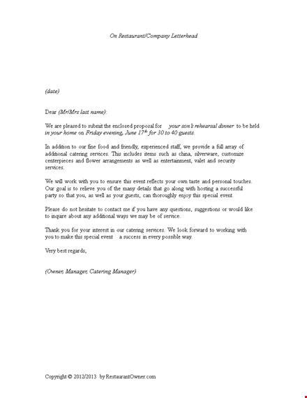 catering agreement sample letter template