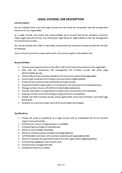 legal counsel job description template