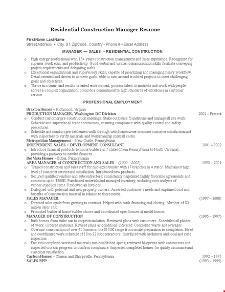 residential construction manager resume template