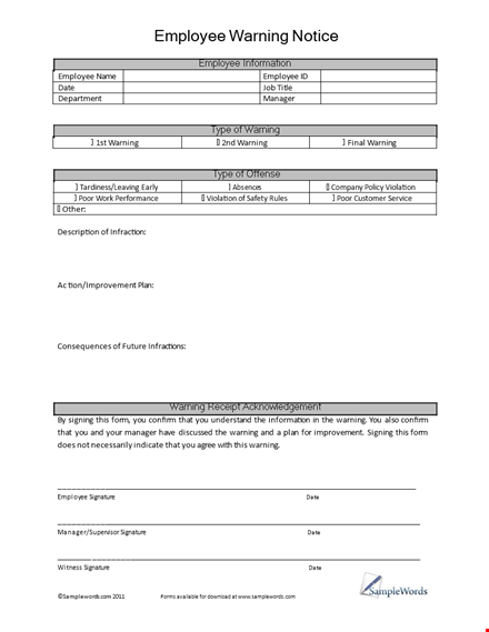 employee warning notice - document template for managers | get employee signature template