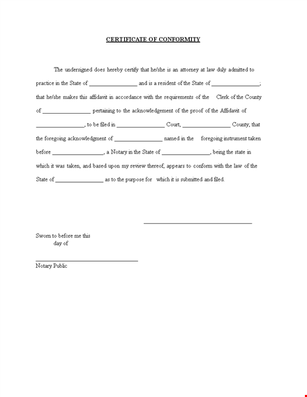 certificate of conformance & affidavit - file with state & county template