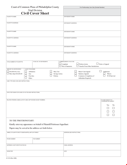 civil cover sheet - court, address | action by plaintiff | example template