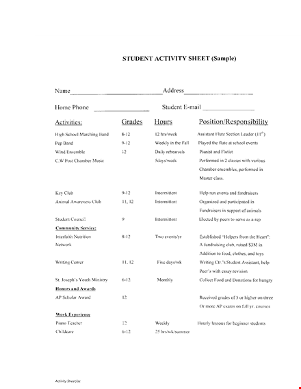 student activity template
