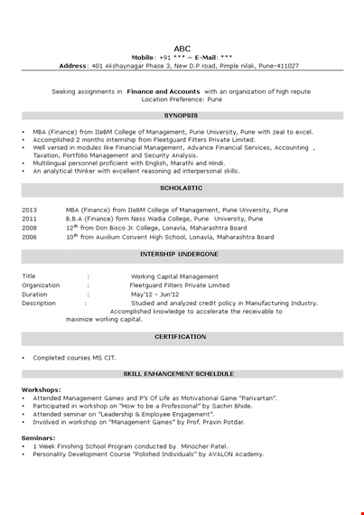 corporate finance resume format template