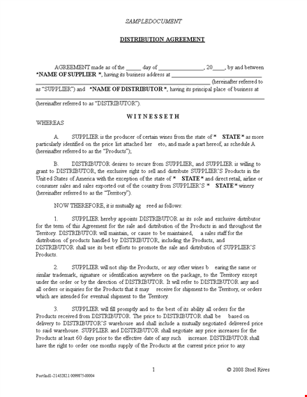 document distribution agreement: supplier and distributor agreement for products template