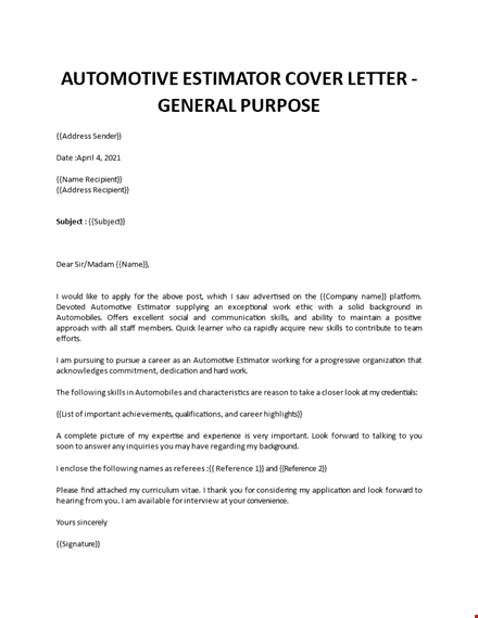 estimator cover letter template