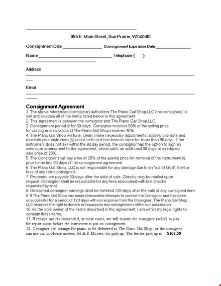 consignment agreement template for agreement and consignor - piano template