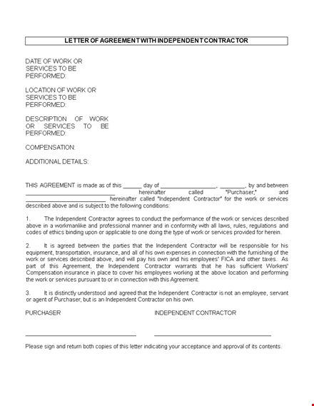 contractor offer letter - agreement for independent contractor services template