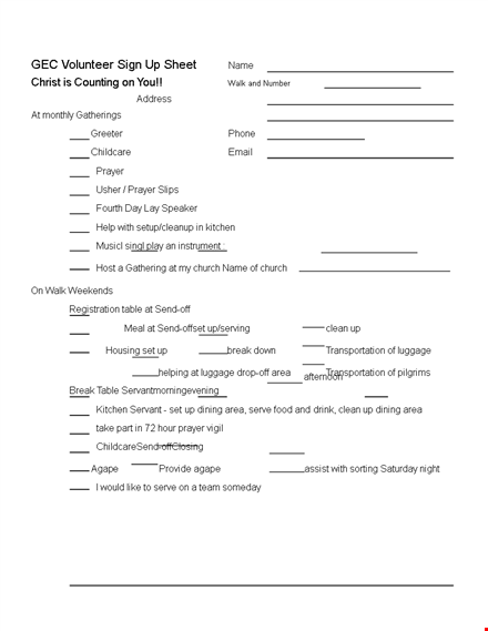 gec volunteer sign up sheet template