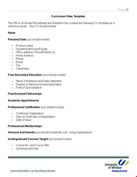 professional curriculum vitae template - university positions included template