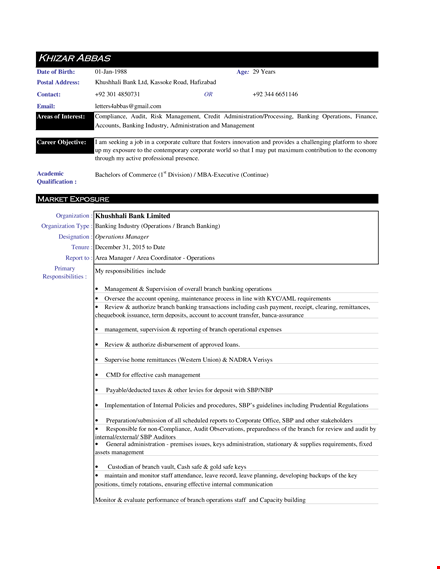 retail banking operations resume - branch, banking, credit, & operations template