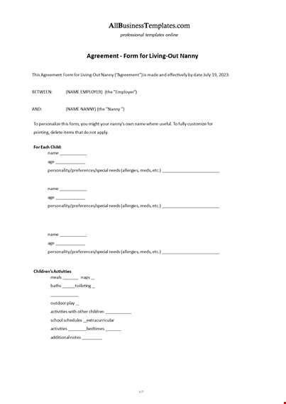 live out nanny contract template template