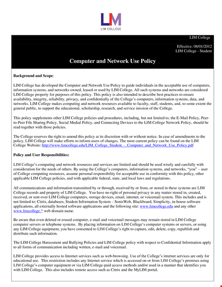 college computer and network use policy: ensuring compliance and security template